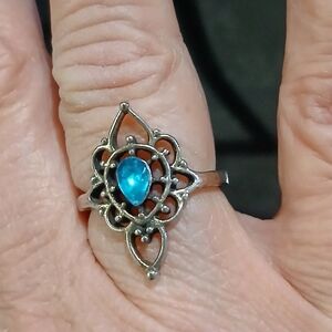 Silver Filigree Ring with Teardrop Blue Stone
